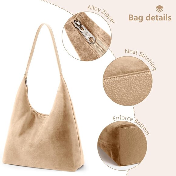 Vintage 15L Hobo Bag Faux Suede Tote Zipper Work Bag Vegan Leather Shoulder Stra - Picture 5 of 7